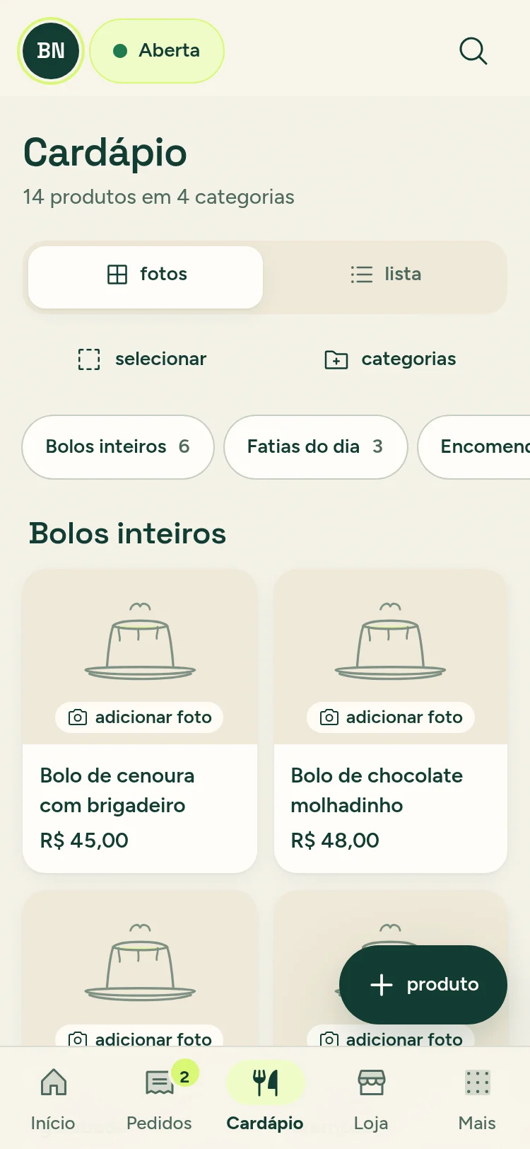 O cardápio: 14 produtos em 4 categorias