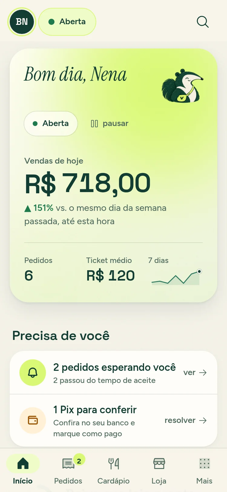 O Início no app da Bolos da Nena: bom dia, Nena, e as vendas de hoje