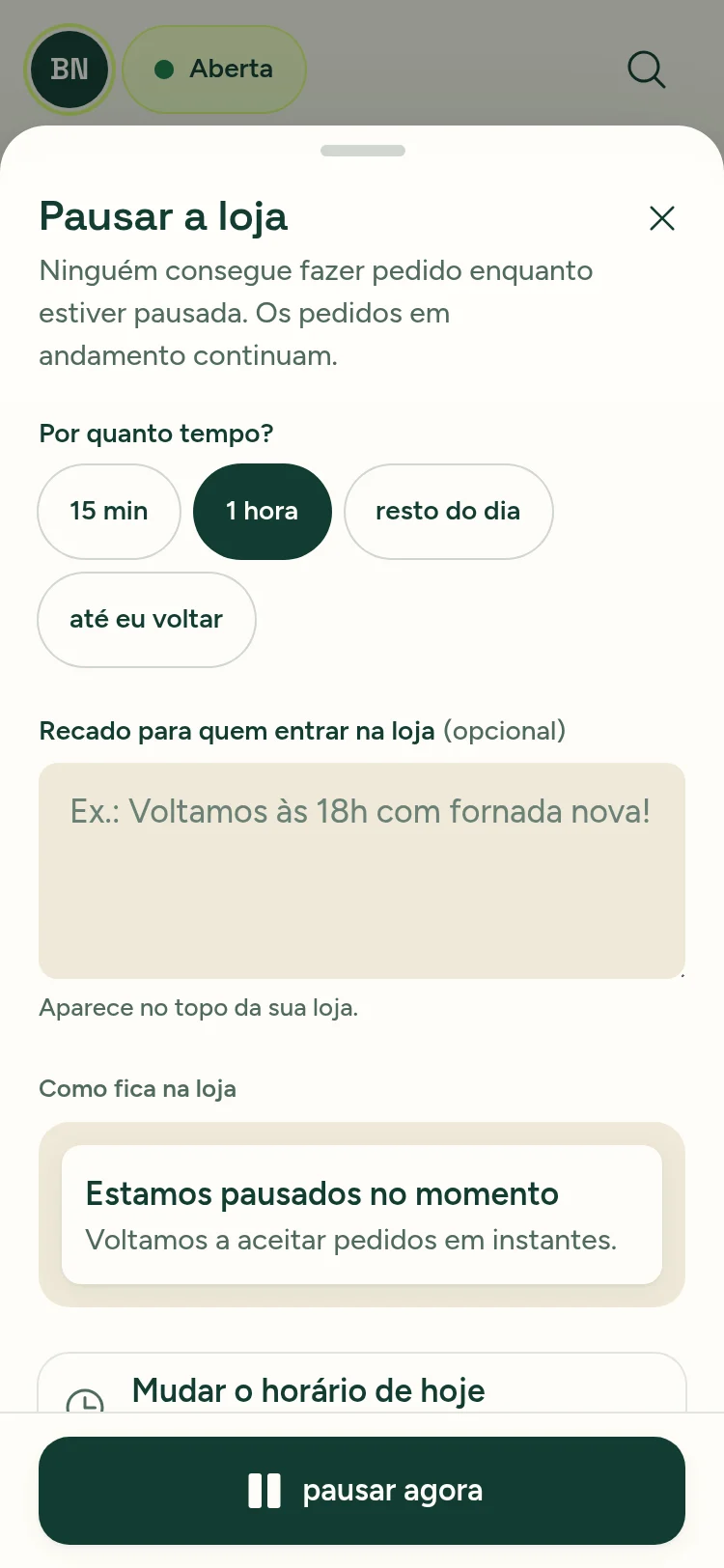 Pausar a loja no app da Bolos da Nena: 15 minutos, 1 hora ou o resto do dia, com recado para o cliente