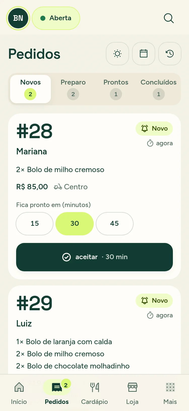 Pedidos no celular: os novos, com o botão aceitar