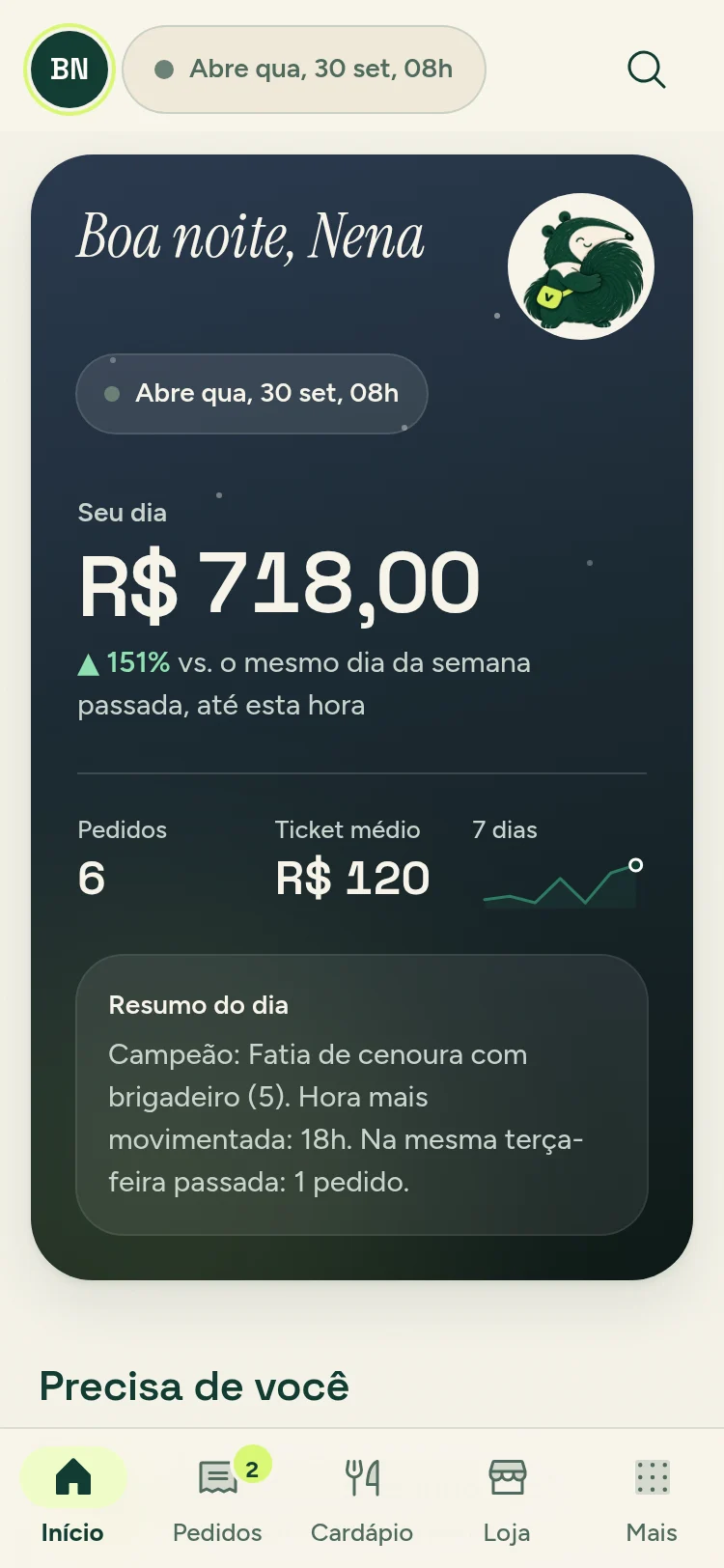 O Seu dia no app da Bolos da Nena: o resumo de quando a loja fecha
